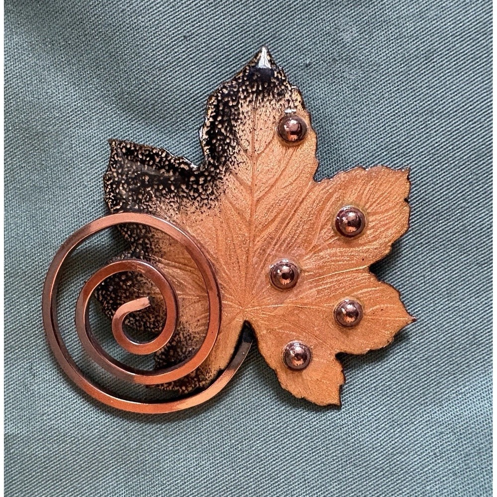 Matisse MCM Vintage Brooch Black Enameled Copper Maple Leaf Spiral Pin Signed
